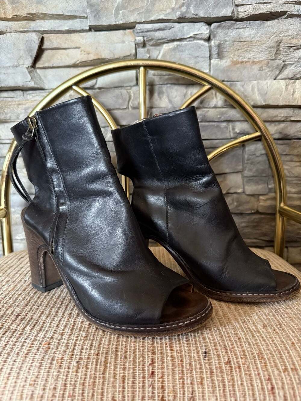 Buttero Black Leather Peep Toe Slingback Block Heel Boots Size 38 - Picture 2 of 8